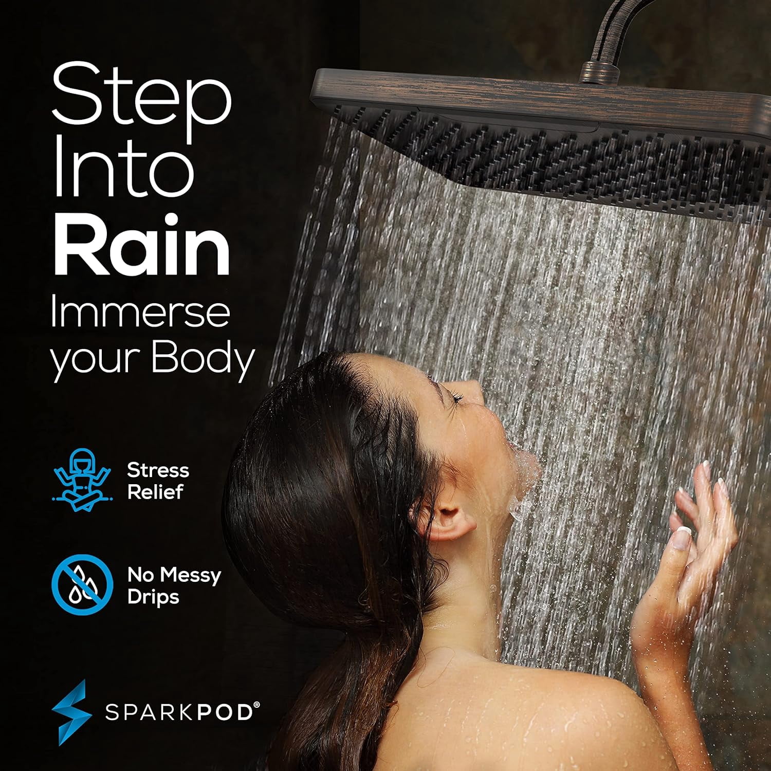 SparkPod 12" Rainfall Shower Head - Wall/Ceiling Mount - High Pressure, Anti-Clog, Easy Install (Oil-Rubbed Bronze)