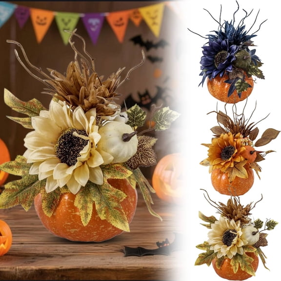 CoreLiving Artificial Pumpkins Large 9.8 Inch Fake Pumpkin Decor, Fall Harvest Thanksgiving Tables Centerpieces with Sunflower Maple Leaf Berries Decorations