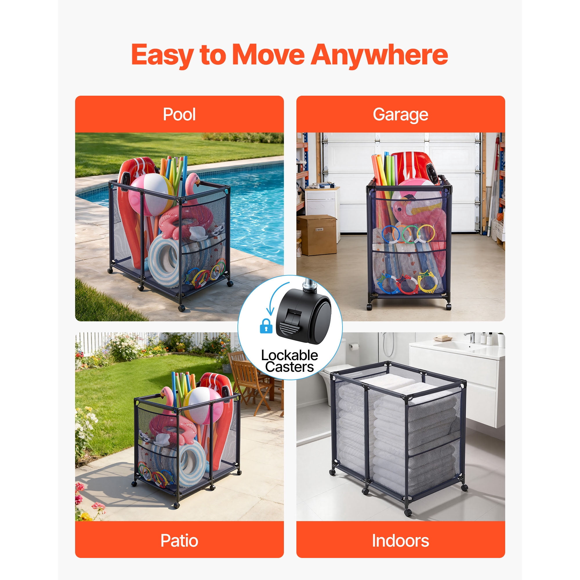 KFFKFF Pool Storage Bin, 36.8 x 24 x 35.6 in, Rolling Organizer with Side Pockets & Casters, Durable Metal Frame, Poolside Holder for Toys, Noodles, and Mesh Basket for Swimming Areas