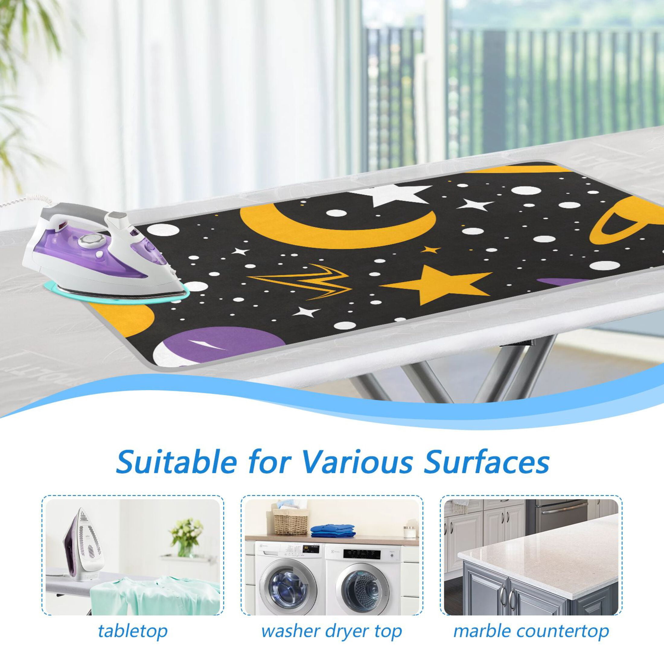 Cartoon Moon Stars Planets Cute Ironing Mat Blanket Portable Travel Ironing Pad Heat Resistant Pad 47.2" x 27.6”
