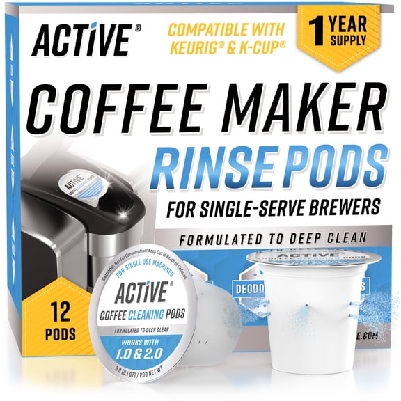 Active K Cup Cleaner and Descaler Pods, Compatible with Keurig Coffee Makers, Removes Brew Chamber Oils and Stains, 12 Count