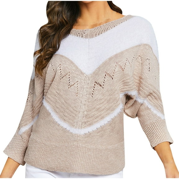 UTSJKR Women's Knit Sweaters 2024 Fashion Clothing Casual Print Crew Neck Pullover Tops Loose Fit Oversized Lightweight Hollowed Knitwear Fall Winter Long Sleeve Sweaters Beige M