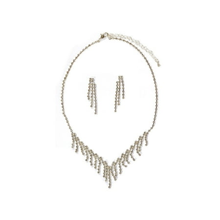 - Silver Crystal 3 Strand Dangle Earrings & Multi Strand Tassel Drop Necklace Jewelry Set