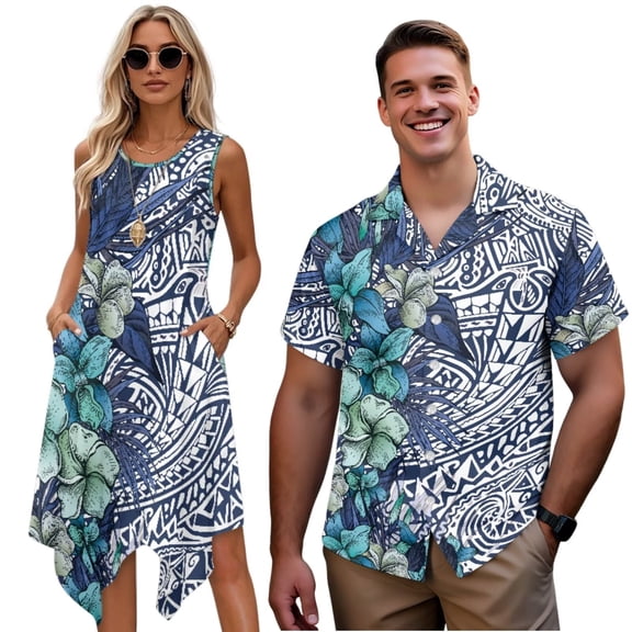 Yuyamidu Matching Hawaiian Outfits for Couples Mens Shirts Hibiscus Dress Asymmetrical Dress for Women Sleeveless Dresses Couples Matching Outfits Mens Beach Shirt Button Down Shirts, Size 2XS