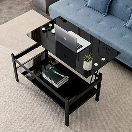 Glass Coffee Table Black Metal Tube Clear Glass Coffee Table (LiftTop Table)