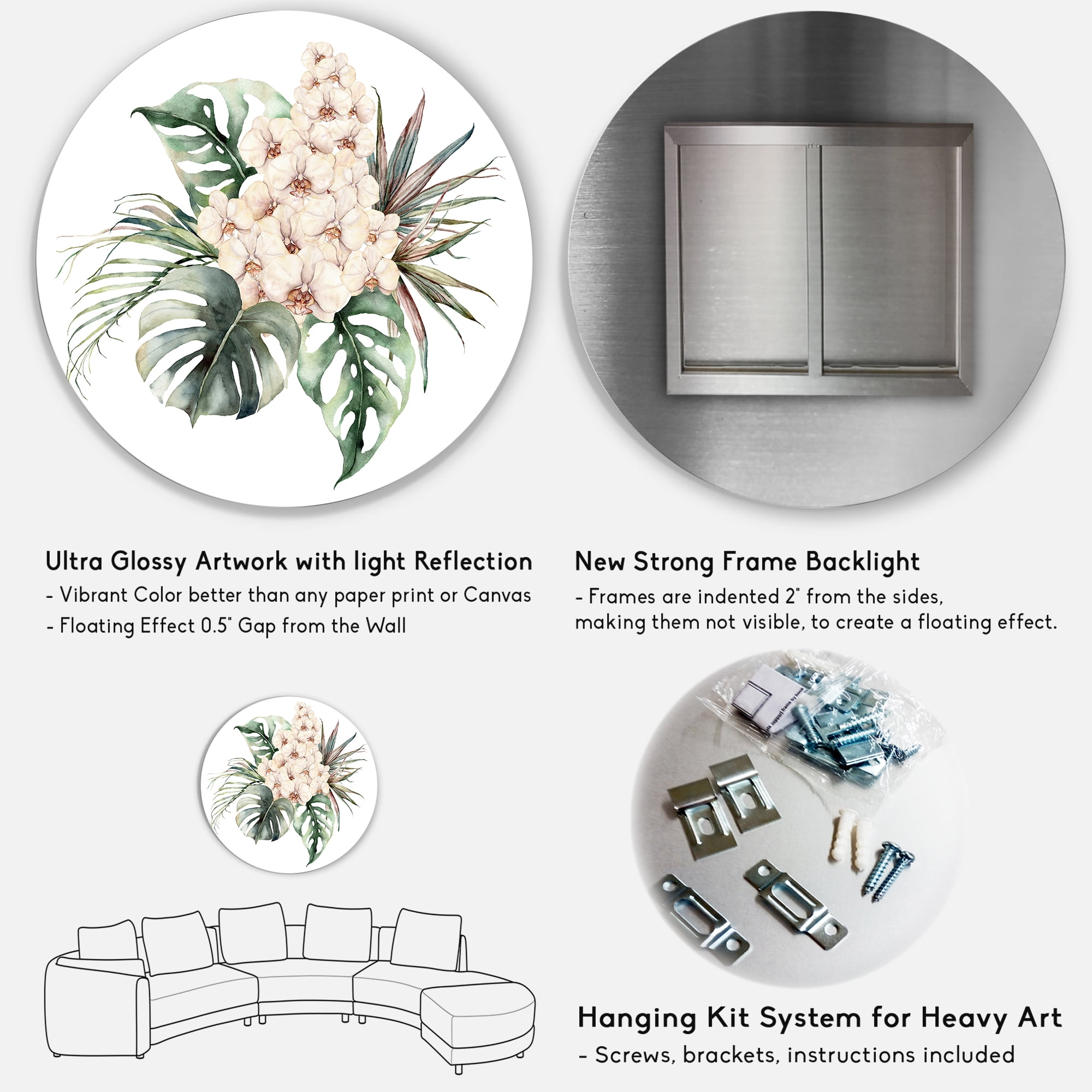 Designart 'Bouquet With Orchids Coconut Leaves and Monstera ' Traditional Circle Metal Wall Art 29x29 - Disc of 29