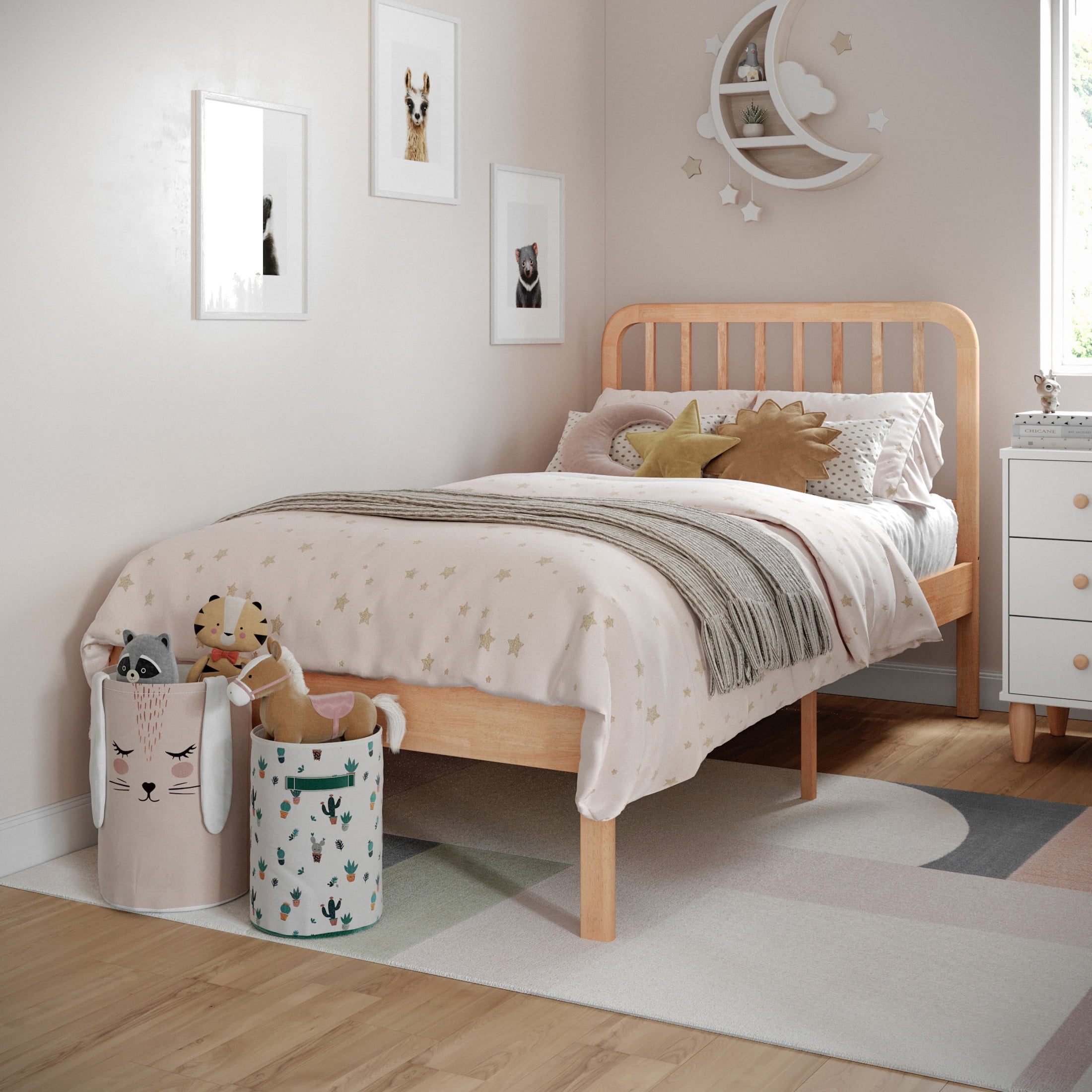 Buzz & Bloom Kids Twin-Size Platform Bed with Rectangular Wood Slat Headboard, Natural