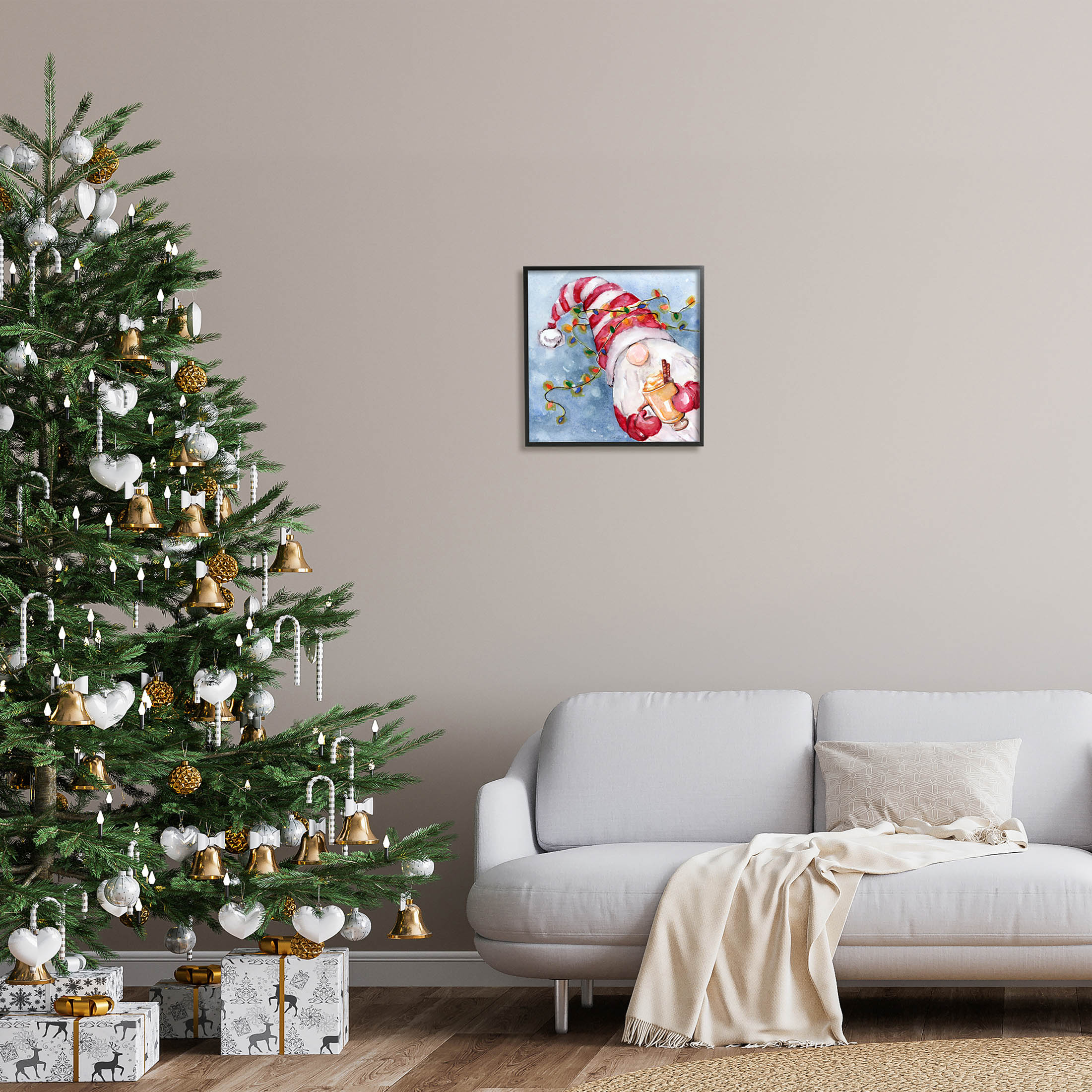 Stupell Industries Santa Gnome Holiday Lights Graphic Art Black Framed Art Print Wall Art, Design by Stella Chang