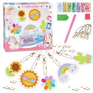 Llavero acrílico para niños con pintura de diamante, unicornio arcoíris y sirena