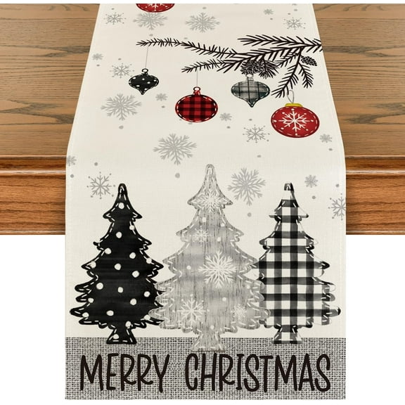Grey Pine Trees Snowflake Merry Christmas Table Runner, Winter Xmas Holiday Kitchen Dining Table Decoration for Home Party Decor 13x72 Inch