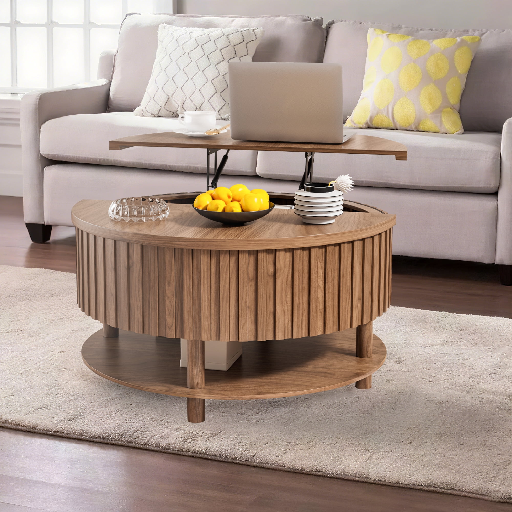 Round Lift Top Coffee Table with Storage, 2-Tier Center Table with Hidden Compartment, Circle Coffee Table with Open Shelf for Living Room, Walnut