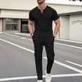 thumbnail image 2 of HBGVBA Men Fashion 2 Piece Outfit Solid Color Knit Short Sleeve V-Neck T-Shirt Cargo Long Pants Set, 2 of 5