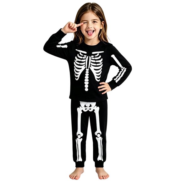 WAYUTE Halloween Toddler Kids Skeleton Pajama Set for Girls Long Sleeve Top and Pants Pjs Breathable Cozy Cute Loungewear Clothes Sets Casual Daily Wear,Black,Size 3-4 Y