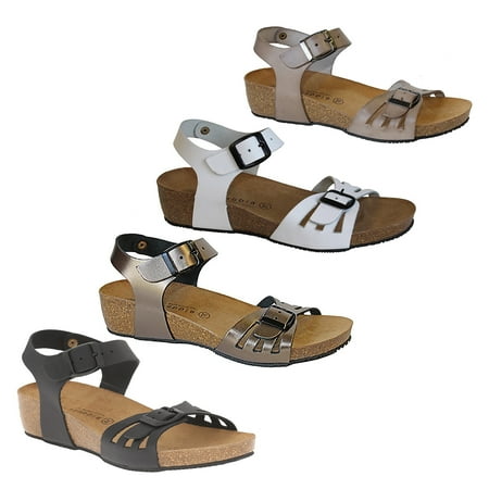 Birkenstock Taupe Arizona Sandals - Lola Sabbia TAMPA Womens Taupe Leather Ankle Strap Buckle Wedge Heel Sandals