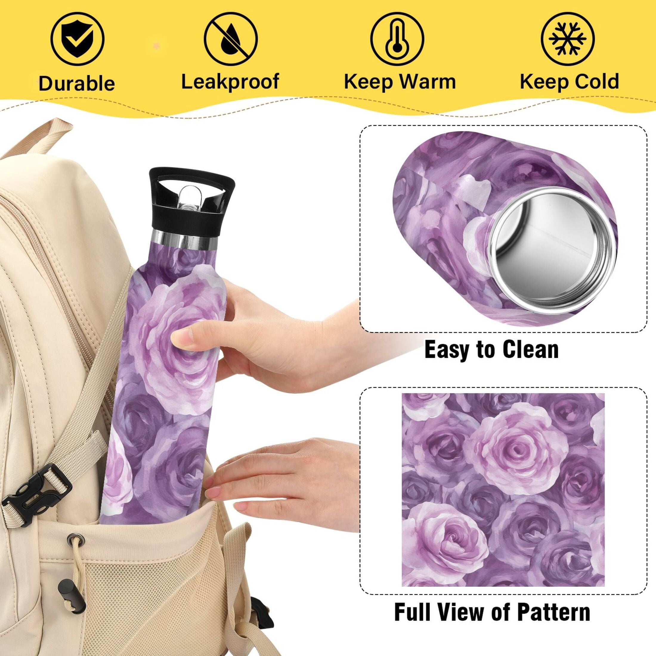 600ML Stainless Steel Insulated Cup Sports Water Bottle Portable Thermos Cup Water Glasses Insulated Tumblers Convenient and Durable Lavender Roses Seamless