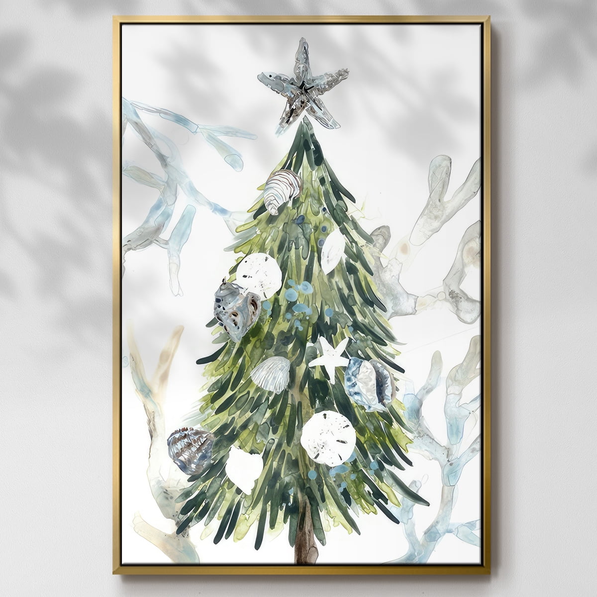 Coastal Christmas Shell Collection B - Framed Gallery Wrapped Holiday Canvas - 27 x 41 - Gold Frame