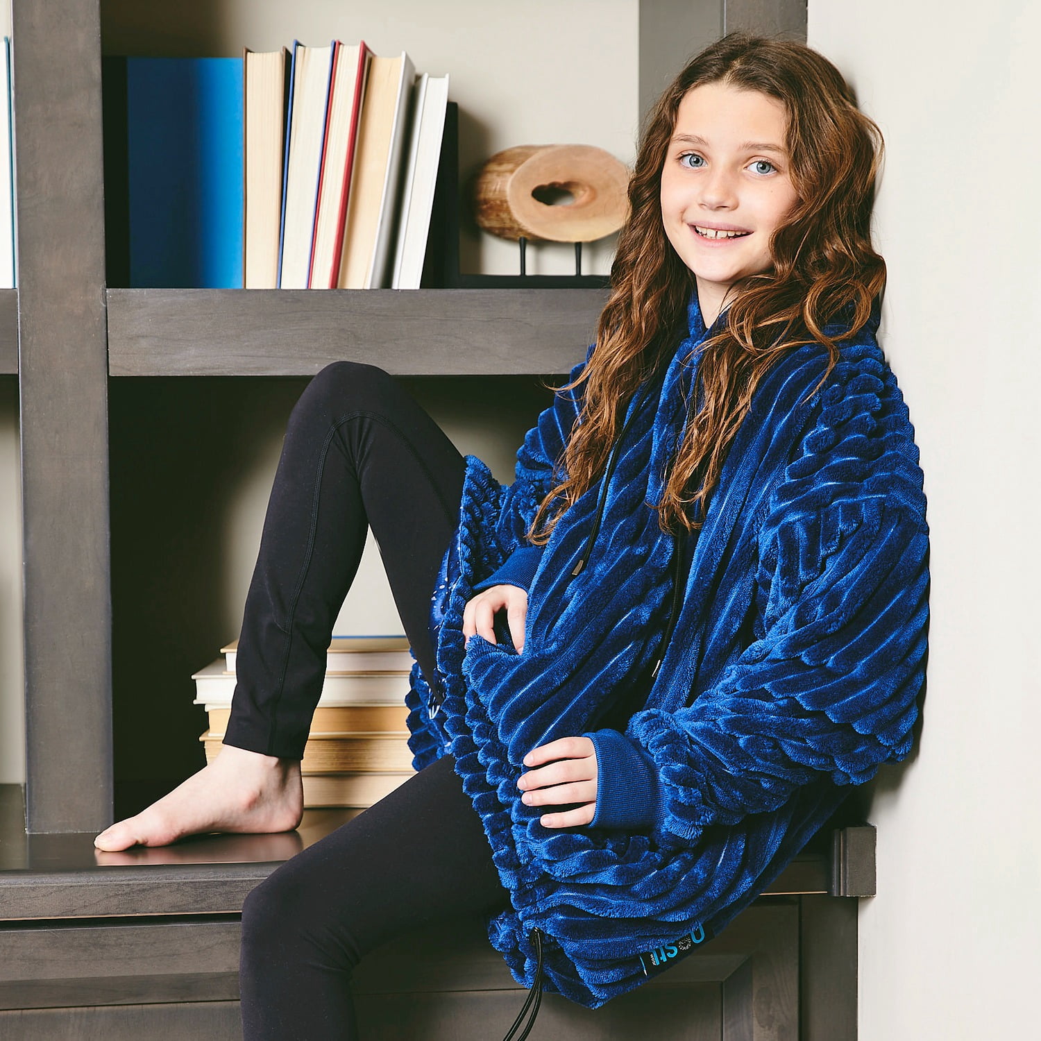 Nestl Wearable Blanket Hoodie Reversible for Kids and Teens, Warm and Cozy Oversized Fleece & Cut Plush Blanket Sweatshirt, Navy/Planet