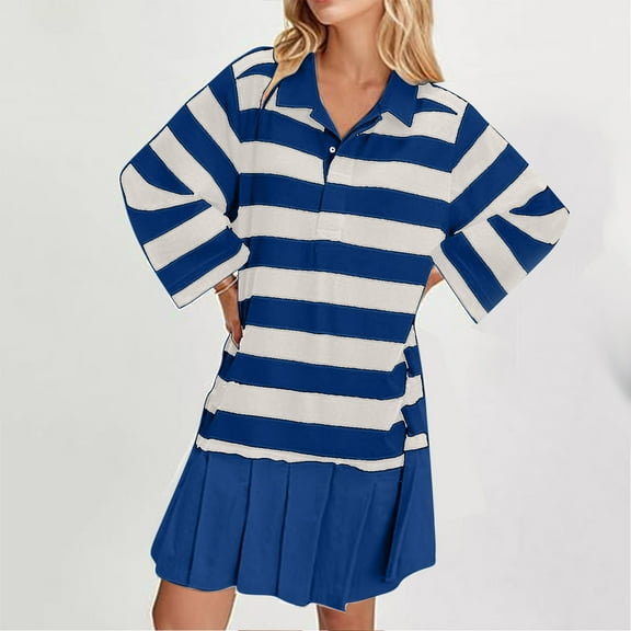 Blczomt Mini Dress Women Striped Blue Loose Long Sleeve A Line Pleated V Neck Casual Dress