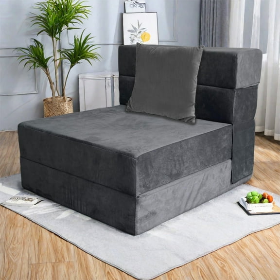 BITOUSHI Convertible Folding Sofa Bed - Memory Foam Sleeper Chair, Modern Velvet Fabric Floor & Futon Couch, Foldable Mattress for Living Room/Dorm/Guest Use/Home Office/Apartment - Dark Gray