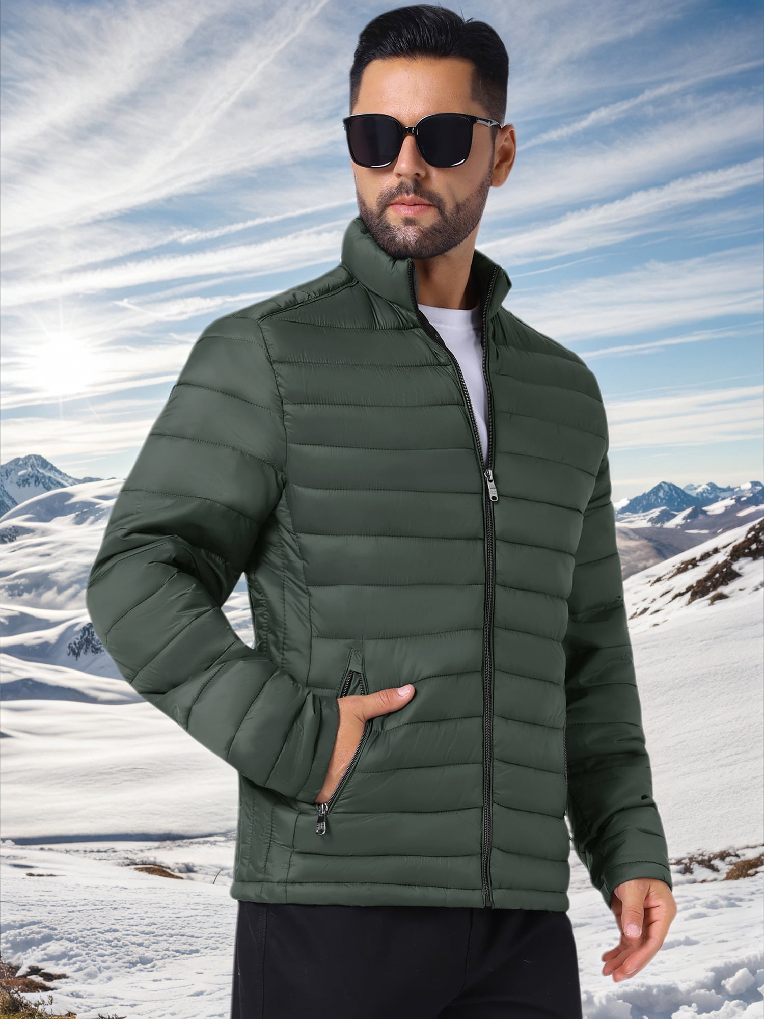 DARING DIVA Men's Winter Solid Stand Collar Zipper Quilted Puffer Jacket XL Dark Green