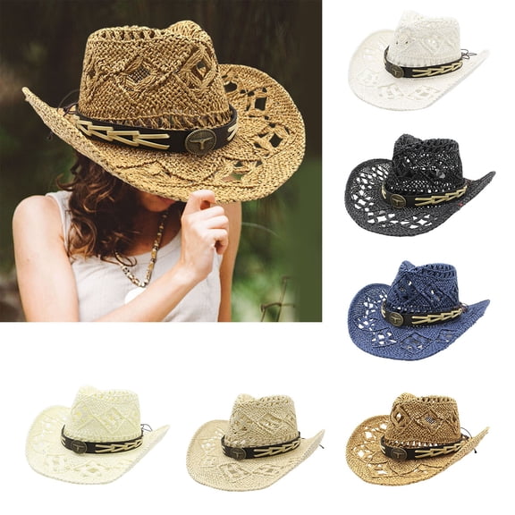 sususu Cowboy Hat for Women Straw Wide with Shapeable Brim Packable Sun Cap Summer Foldable Breathable Travel Cowgirl Hat Black