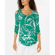 JM Collection Women's Printed Cold Shoulder Top Green Size Large
