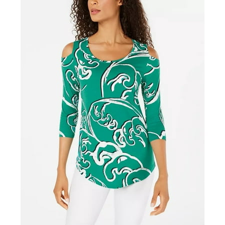 JM Collection Women's Printed Cold Shoulder Top Green Size Large