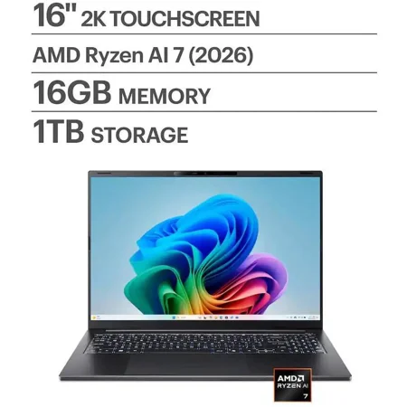 Acer - Swift Go 16 AI - Copilot+ PC - 16" WUXGA Touchscreen Laptop - AMD Ryzen AI 7 445 2026 - 16GB Memory – 1TB Storage - Obsidian Black