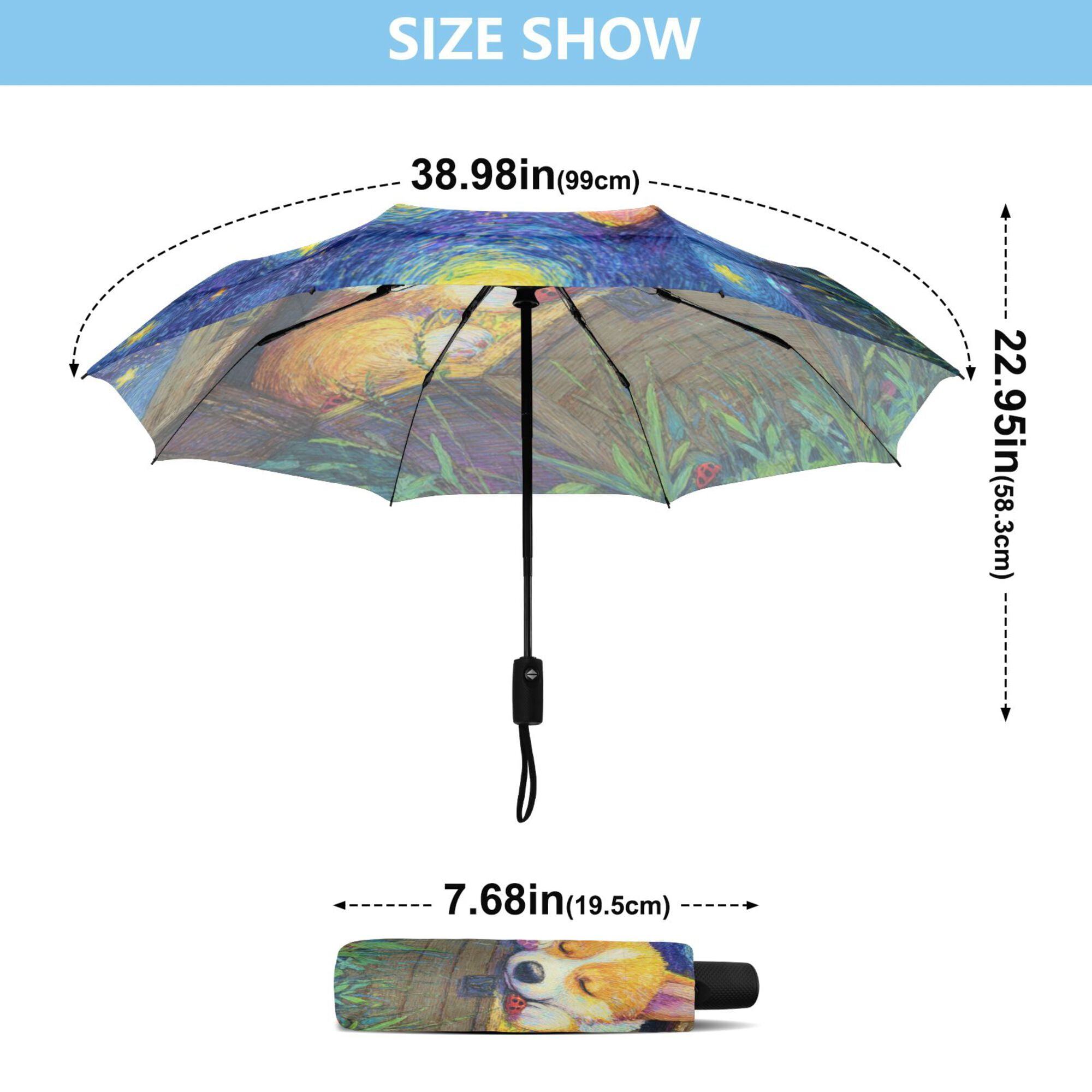 21" Inch Auto Open Close Folding Umbrella Windproof Waterproof Full Print 8-Rib Compact Travel Umbrella for Rainy Days Oil Painting Of A Sleeping Corgi