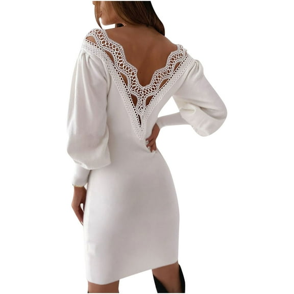 2026 ! 50% Off Clear! asdoklhq Womens Plus Size Dresses Under $15Women's Solid Lace V-Neck Backless Long-sleeved Sheath Tight Mini Dress