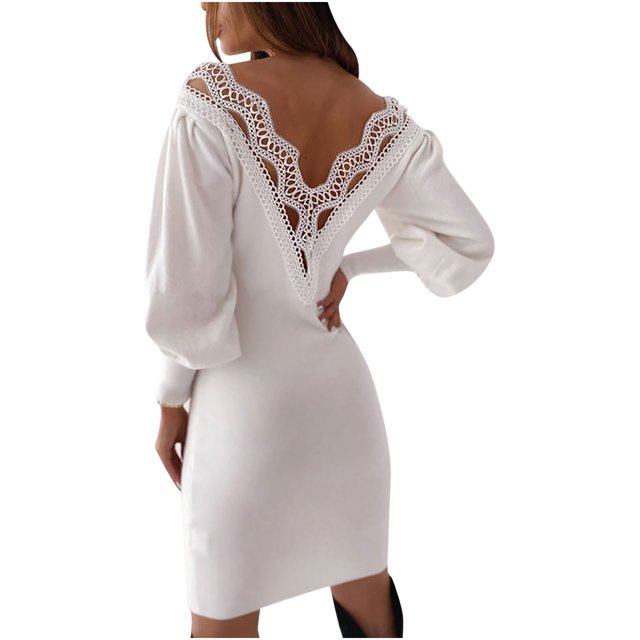 Mini vestido ajustado de manga larga sin espalda con cuello en V de encaje sólido sexy para mujer Fridja nbo3294