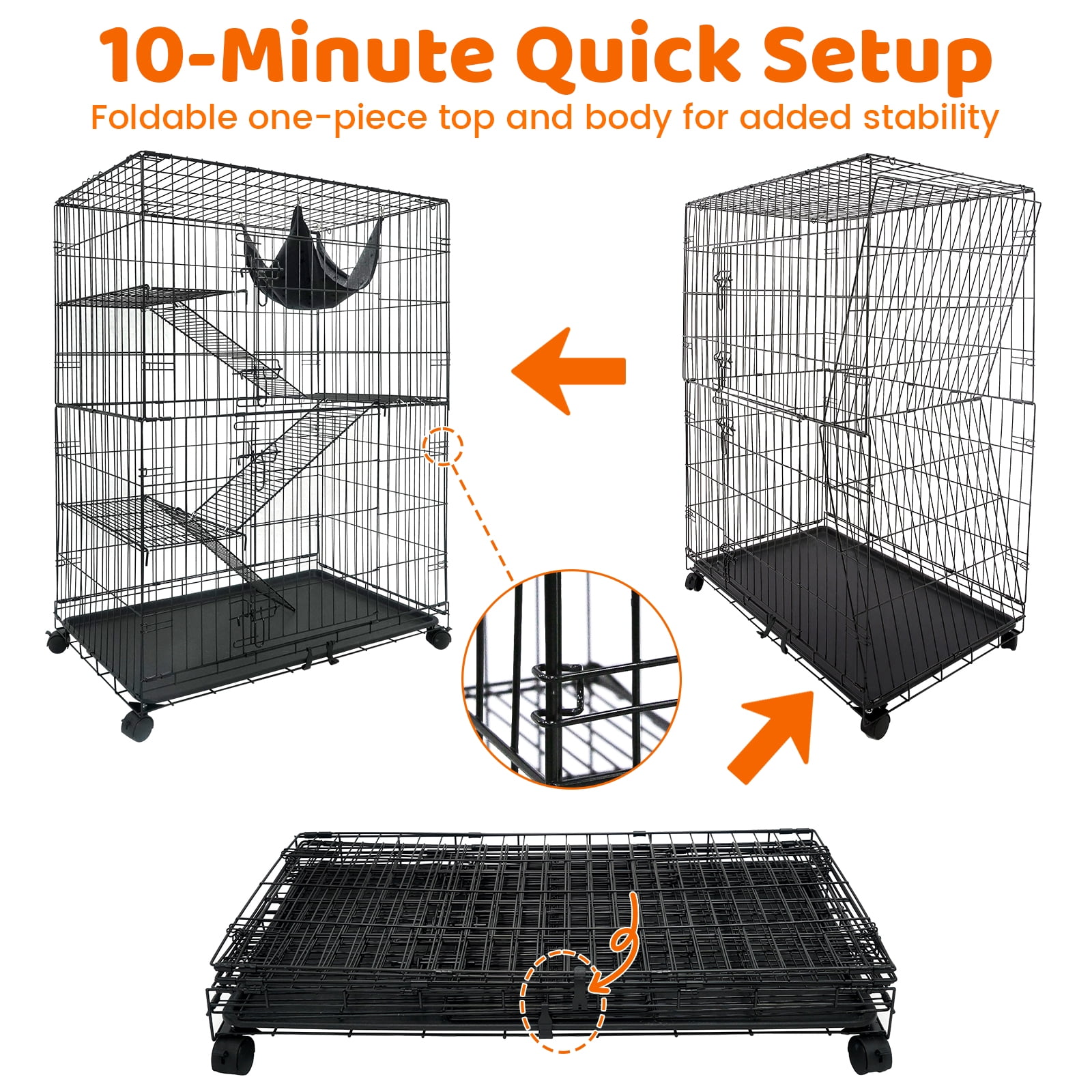Homey Pet 50 Inch Cat Cages Indoor, Large 4-Tier Cat Crates for Indoor Cats, Collapsible Metal Wire Cat Enclosures Big Multi-Level Cat Cage for Adult Cats Kitten Kitty with Hammock, Ramp, 360° Wheels