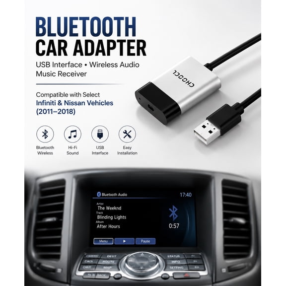Bluetooth Car Adapter with USB Interface, Wireless Audio Music Receiver Compatible with Select Infiniti & Nissan Vehicles (2011–2018)