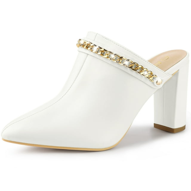 BLISSFUL STEP Sandales Mules à Talon Bloc à Enfiler à Chaîne pour Femme Blanc (Taille 6)