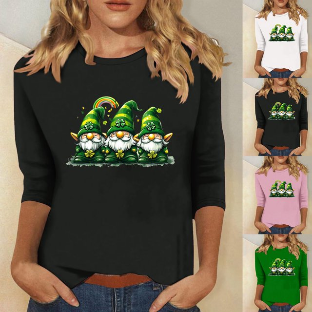 Hauts d'Été Printemps pour Femmes Mode Imprimé St. Patrick Décontracté Col Rond Manches 7 Pouces Blouse Décontractée Noire P
