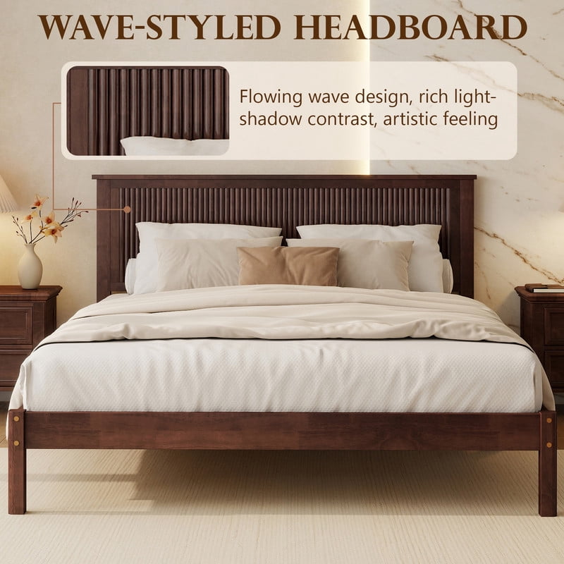 Queen Size Wood Bed Frame with Wave-Fluted Headboard, Low-Profile Platform Bed with Central Support Legs and Under-Bed Space