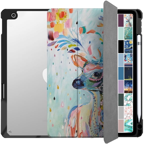 iPad 7th 8th 9th Gen 2019 / 2020 / 2021-10.2 Inch [iPad 9 8 7 ] A2602 A2270 A2197 MW762LL/A MW742LL/A MYLC2LL/A MYL92LL/A MK2L3LL/A Pencil Holder Soft Corner with PC Back Cover - Deer Print