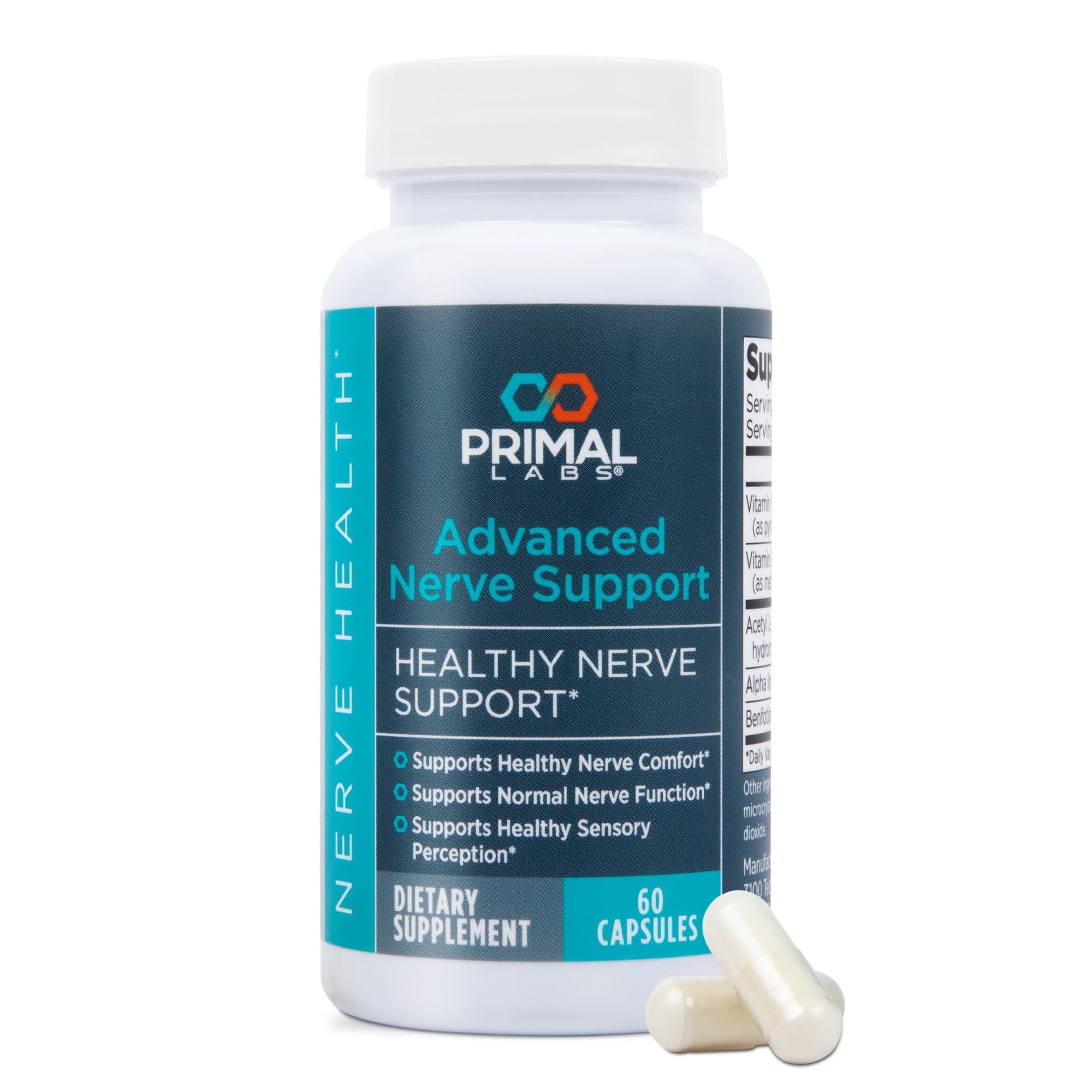 Primal Labs Advanced Nerve Support - Nerve Wellness Supplement with Benfotiamine, B6, B12, Alpha Lipoic Acid, Acetyl-L-Carnitine - Nerve Wellness, Feet, Legs, Sensory Function, Comfort - 60 ct.