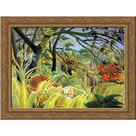 Tiger in a Tropical Storm (Surprised!) 24x18 Gold Ornate Wood Framed Canvas Art by Henri Rousseau
