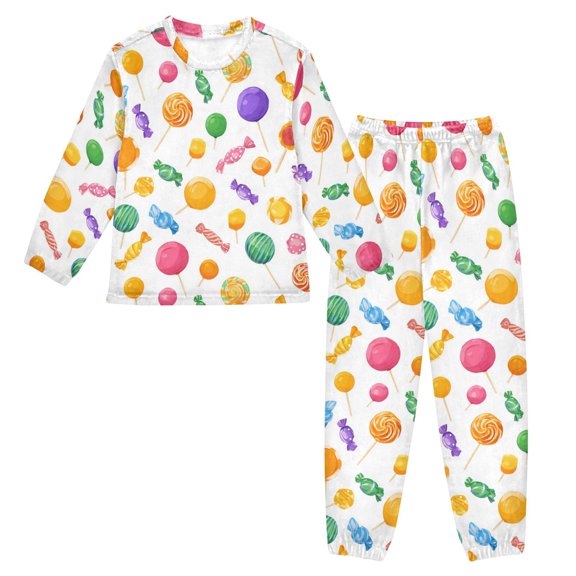 Kids Plush Pajamas Set Warm Loose-Fit Long Sleeve Pajama Top and Pants Set Cartoon Candy Pattern X-Small