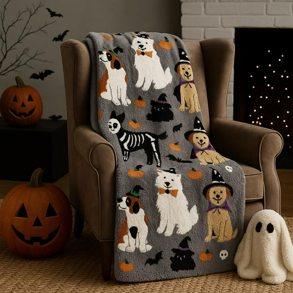 Halloween Blanket 50x70 – Soft Plush Throw with Cute Ghosts, Dogs in Costumes, Pumpkins, Bats & Spooky Trees – Cozy Decorative Blanket for Couch, Sofa & Halloween Décor (Ghost Eye)