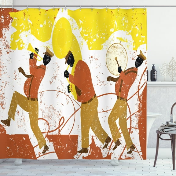 Music Shower Curtain, Band with Trumpet Tuba and Bass Drum Player Grunge Background, Fabric Bathroom Set with Hooks, 69W X 84L Inches Extra Long, Cinnamon Pale Brown and Yellow, by Ambesonne