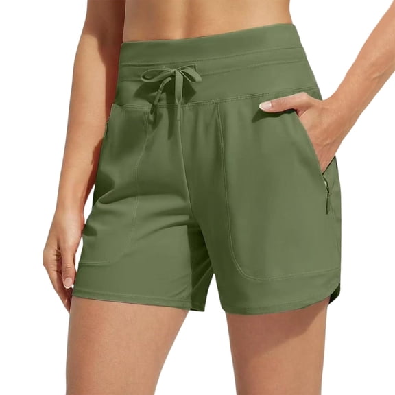 Delconic Women's Athletic Running Long Shorts Workout Hiking Shorts Quick Dry High Waisted Active Zipper Pocket Army Green L