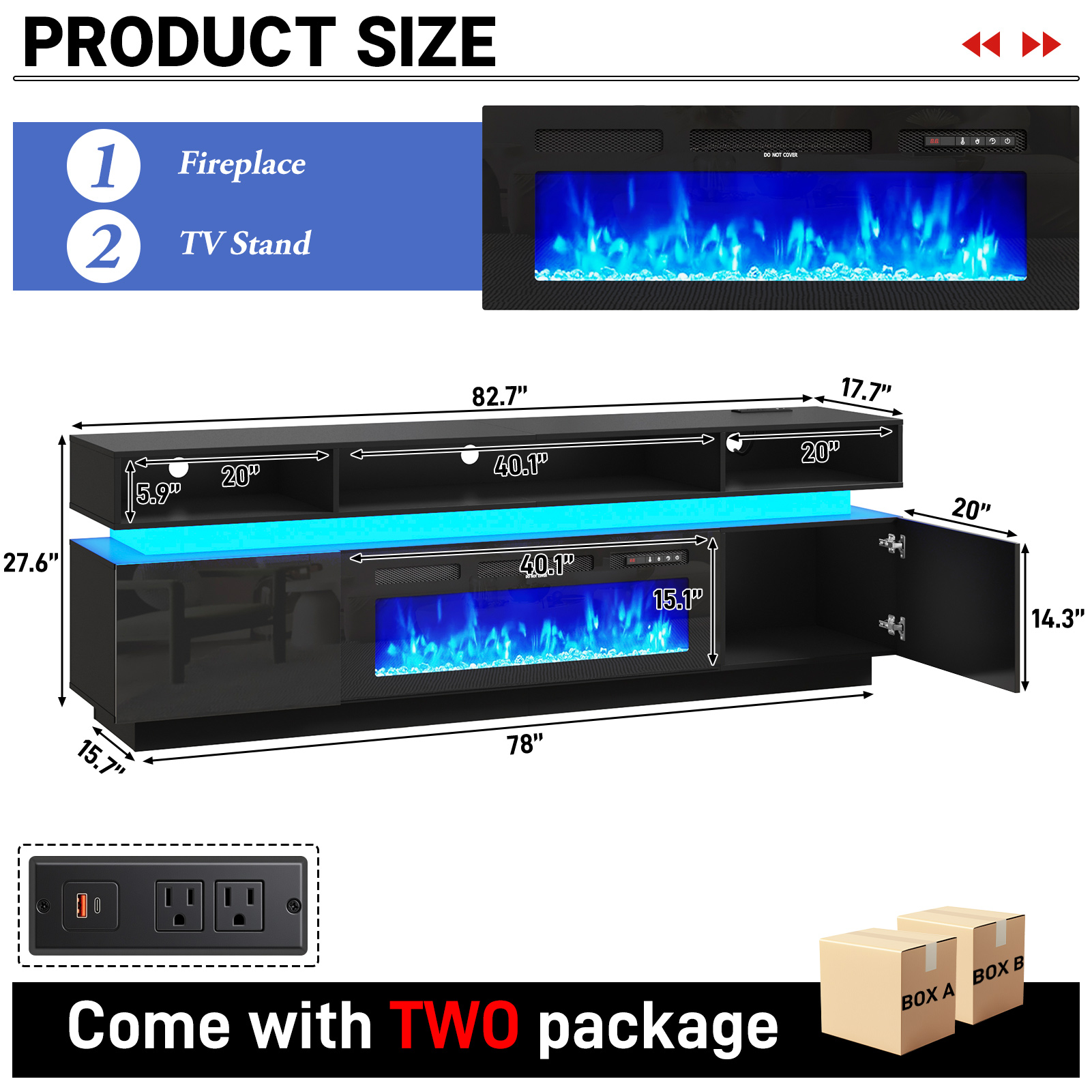 Chvans 82.7" Fireplace TV Stand for 95" TVs with LED Lights, Black photo 4