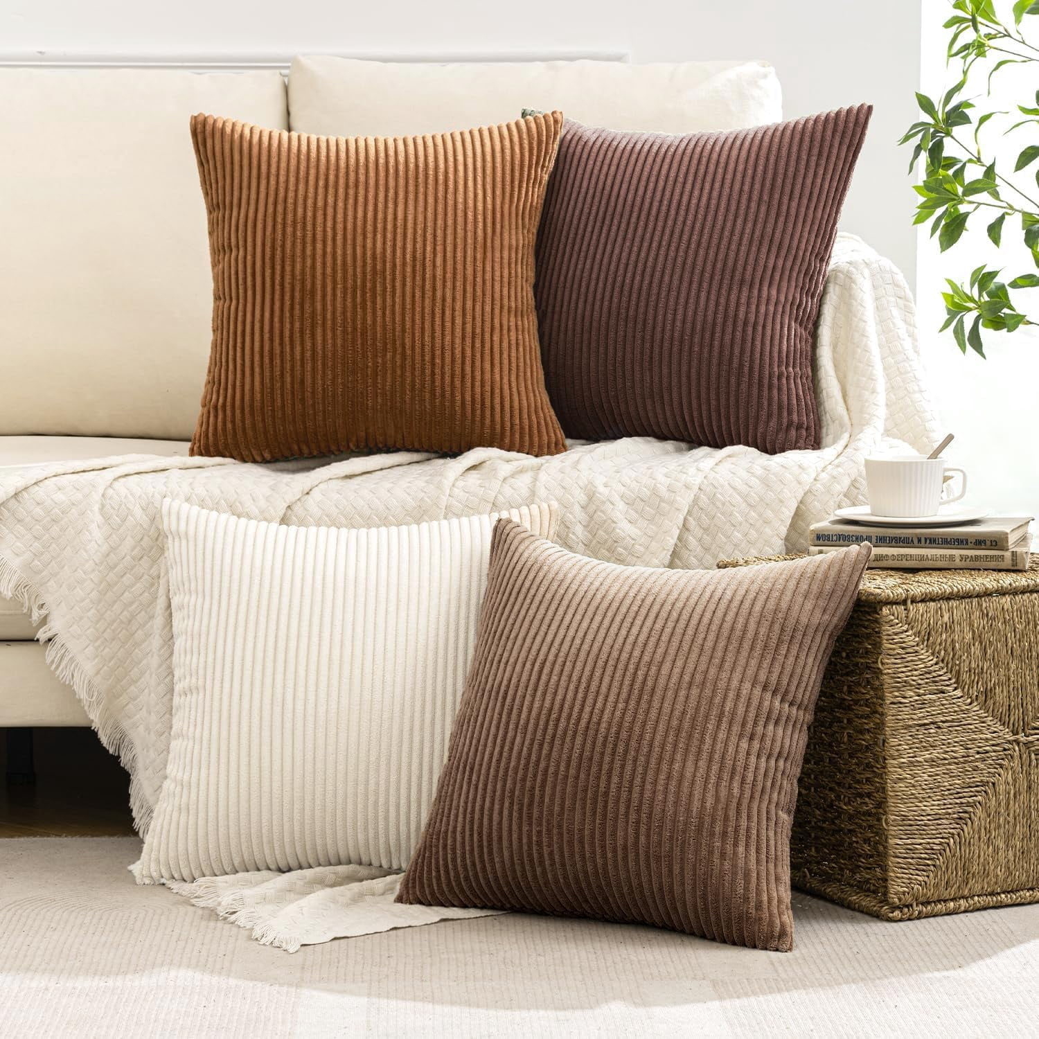Boho Farmhouse Throw Pillow Covers 18x18 Inch Set Of 4 Rustic Mordern Neutral Cushion Soft Corduroy Nordic Home Decor For Couch Bed Sofa Living Room Brown