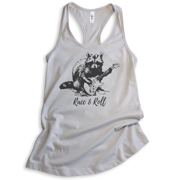 Racc & Roll Tank Top, Ladies Racerback Tank Top, Raccoon Tank, Funny Raccoon Graphic Tee, Clever Raccoon, Silver Gray, X-Large