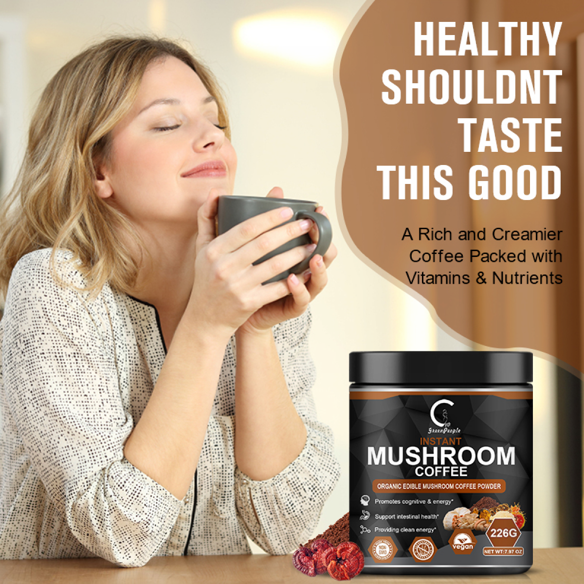 Mushroom Coffee Powder - 7 Mushroom Blend with Lion's Mane, Reishi & Chaga - 226g (7.97oz)