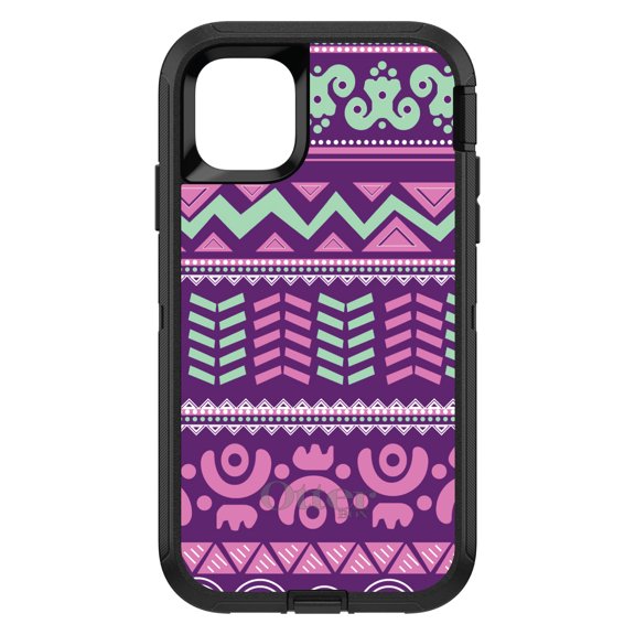 DistinctInk OtterBox Defender Custom Case for Apple iPhone 15 (6.1" Screen) - Pink Green Aztec Tribal - Raised Bezel Screen Guard