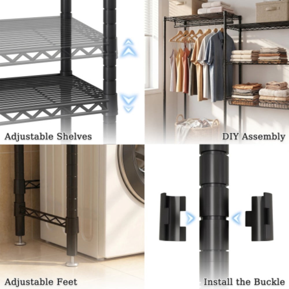 Over Washer and Dryer Storage Rack, 4-Tier Laundry Room Organizer with 3 Wire Shelves, Hanging Rod, Metal Basket & Rotating Hooks, Adjustable Heavy Duty Shelving, Black