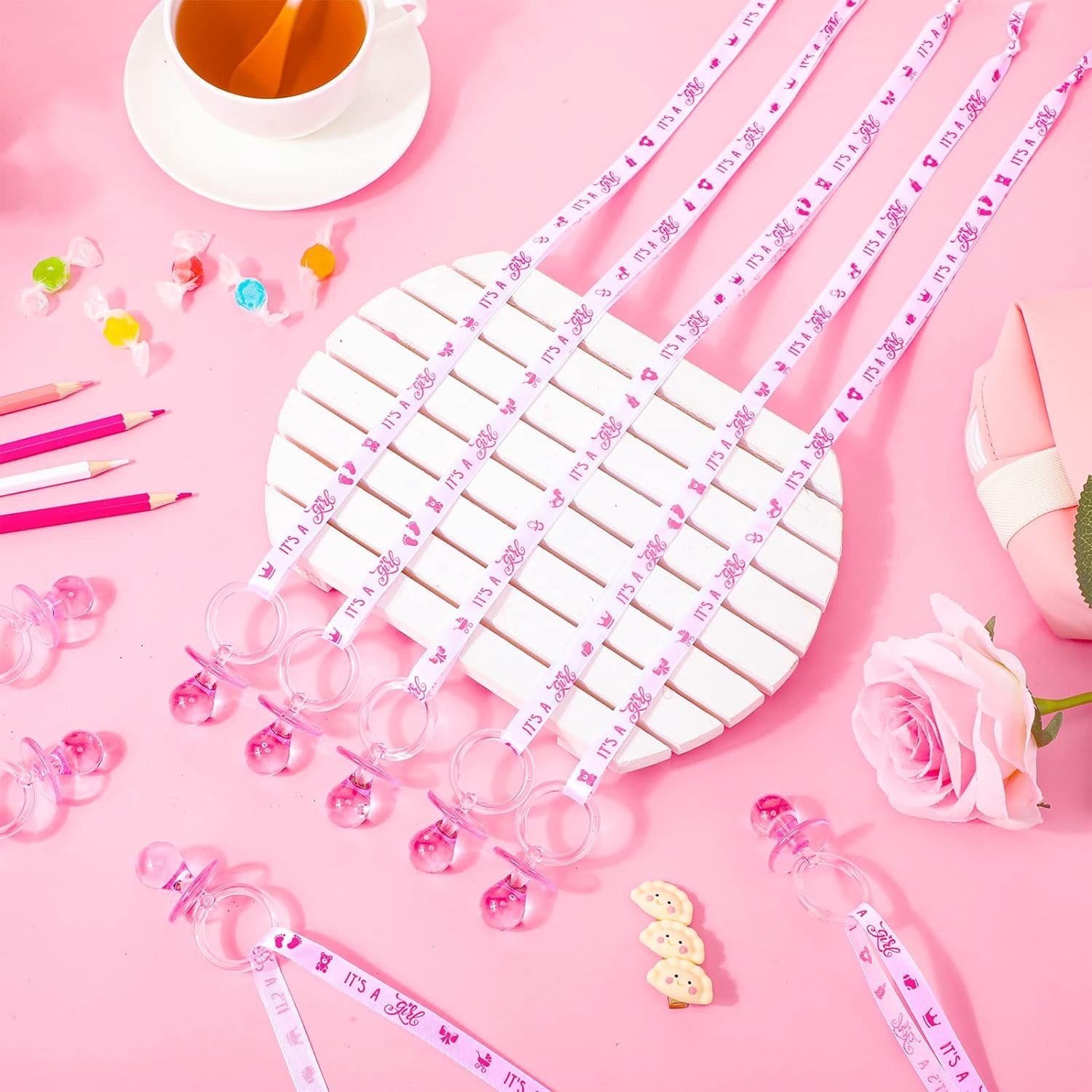 60 Pieces Baby Shower Pacifiers Necklace Acrylic Pacifiers Necklace Charm for Baby Shower Party Favors Decorations, Women Style(Pink, White)